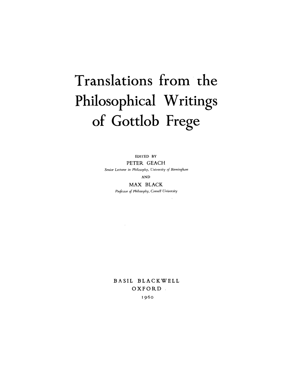 Translations from the Philosophical Writings of Gottlob Frege