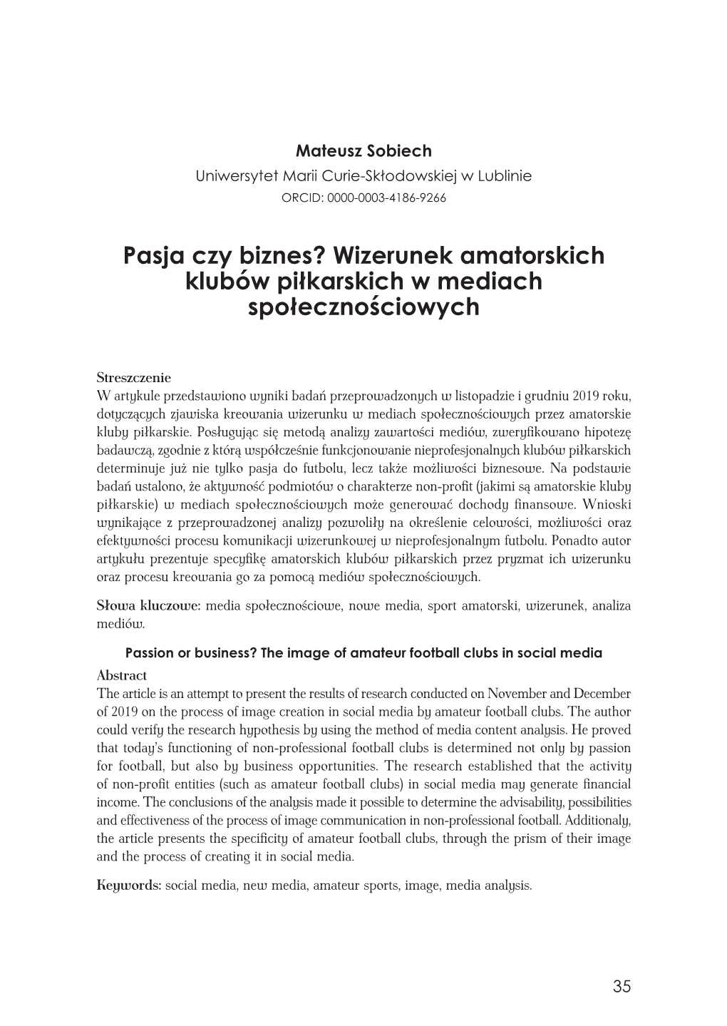 Pasja Czy Biznes? Wizerunek Amatorskich Klubów Piłkarskich W Mediach Społecznościowych