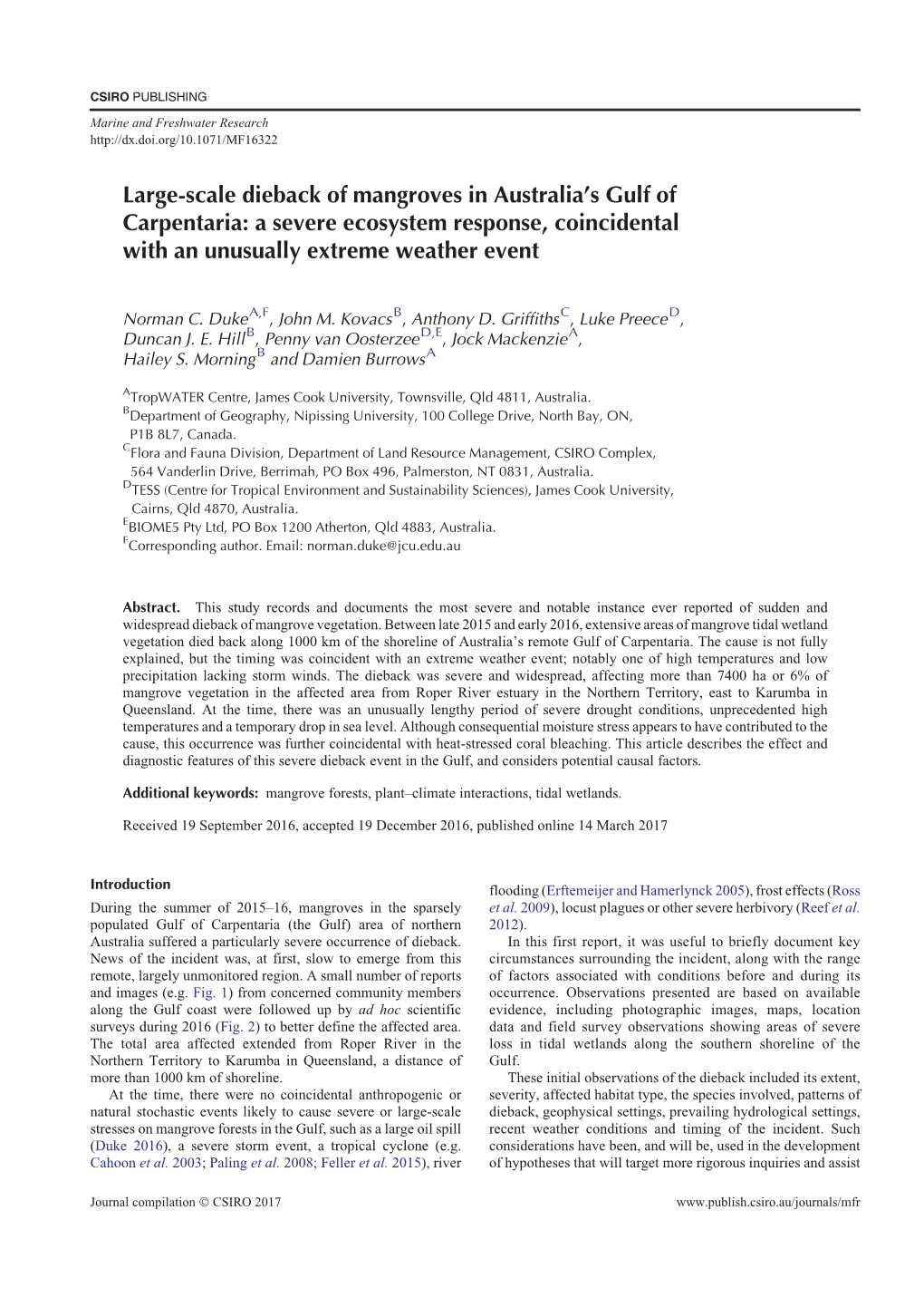 Large-Scale Dieback of Mangroves in Australia's Gulf of Carpentaria