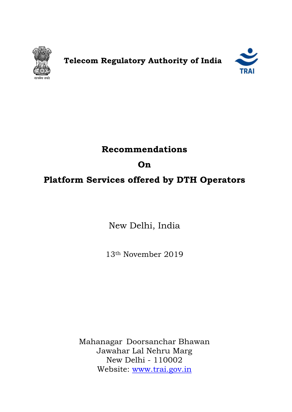 Recommendations on Platform Services Offered by DTH Operators New Delhi, India