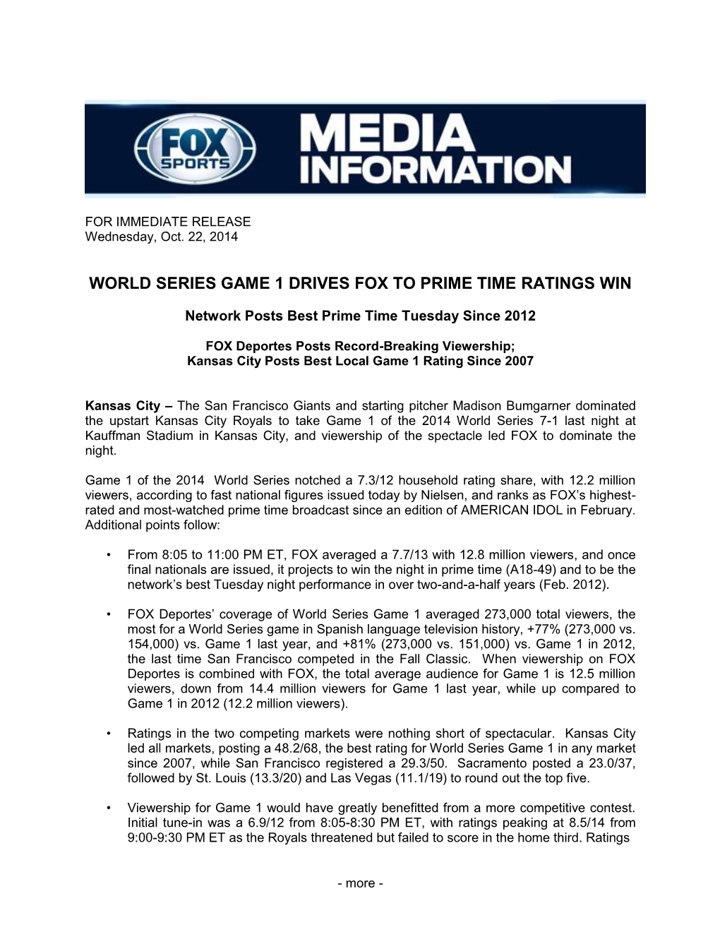 World Series Game 1 Drives Fox to Prime Time Ratings Win