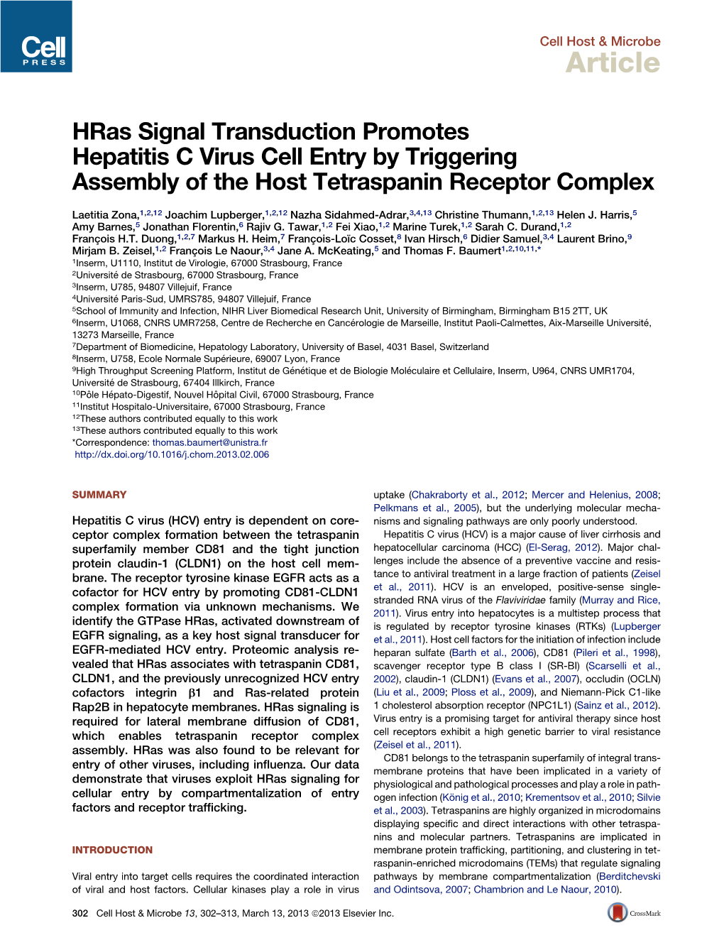 Hras Signal Transduction Promotes Hepatitis C Virus Cell Entry by Triggering Assembly of the Host Tetraspanin Receptor Complex