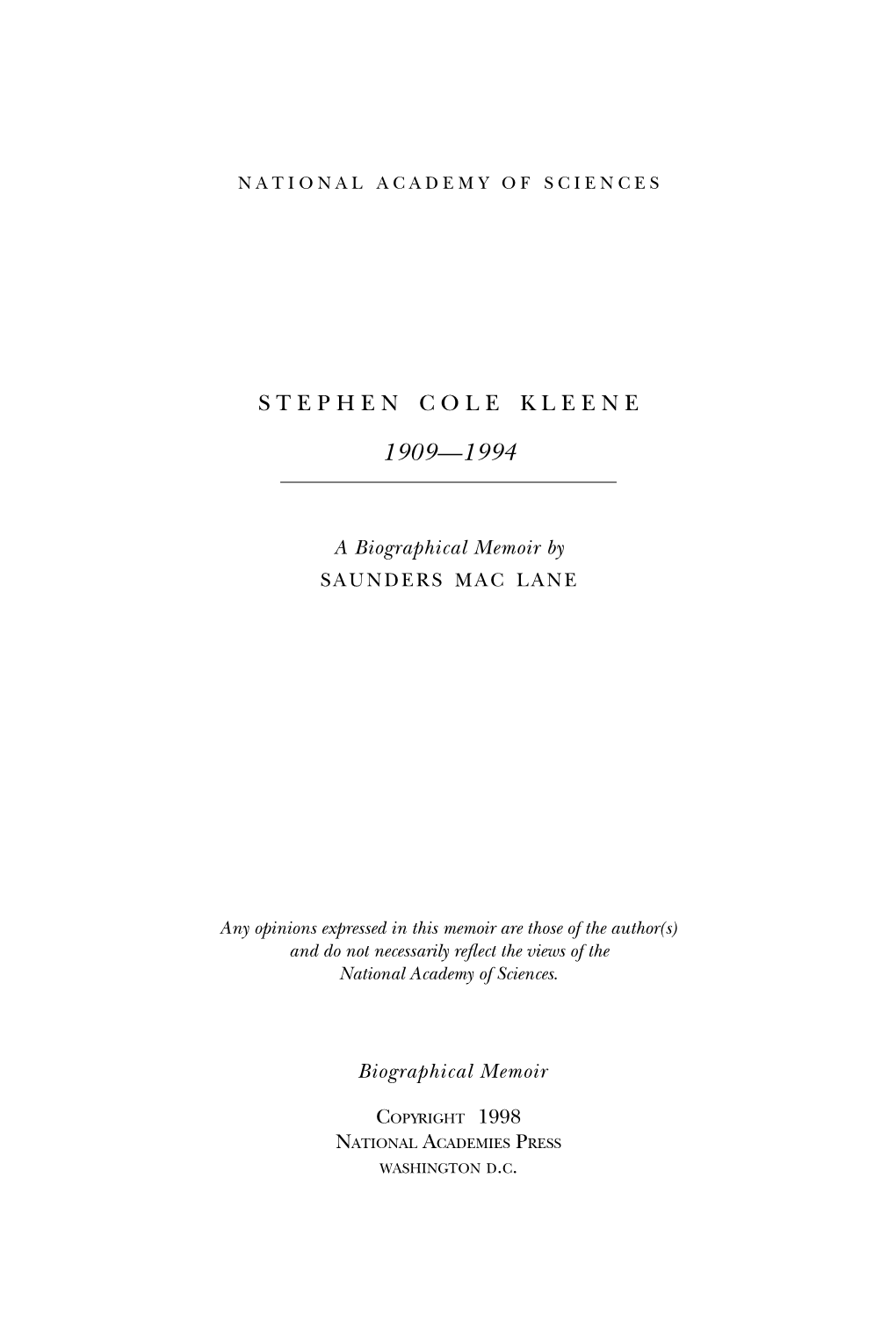 Stephen Cole Kleene Biographical Memoir