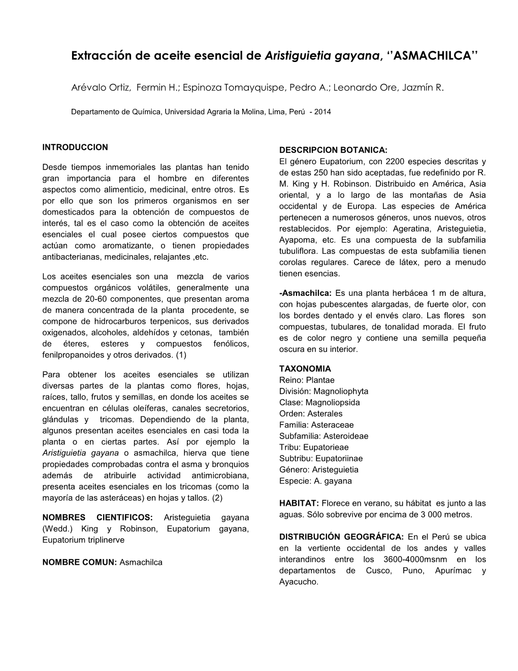 Extracción De Aceite Esencial De Aristiguietia Gayana, ''ASMACHILCA''