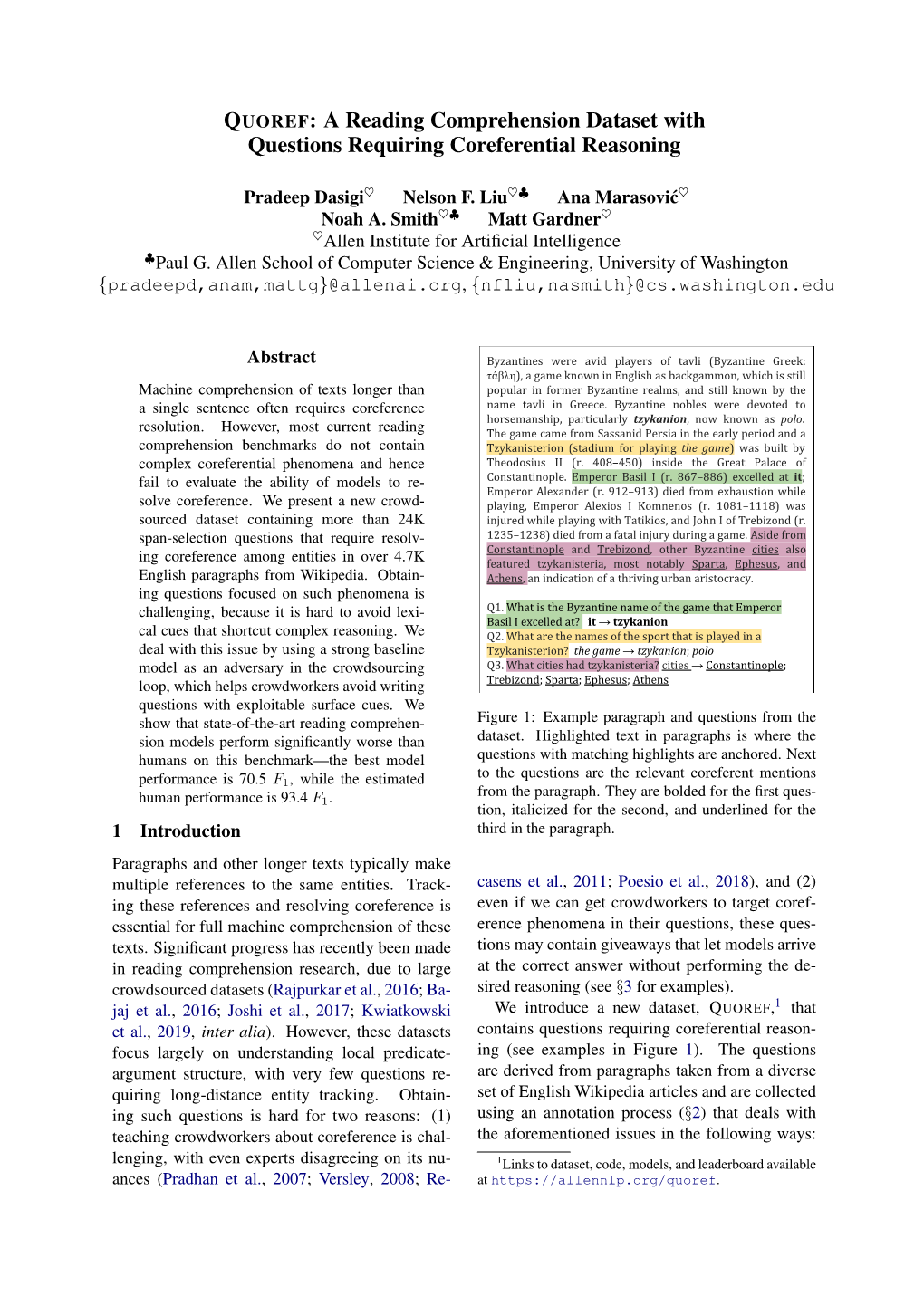 A Reading Comprehension Dataset with Questions Requiring Coreferential Reasoning