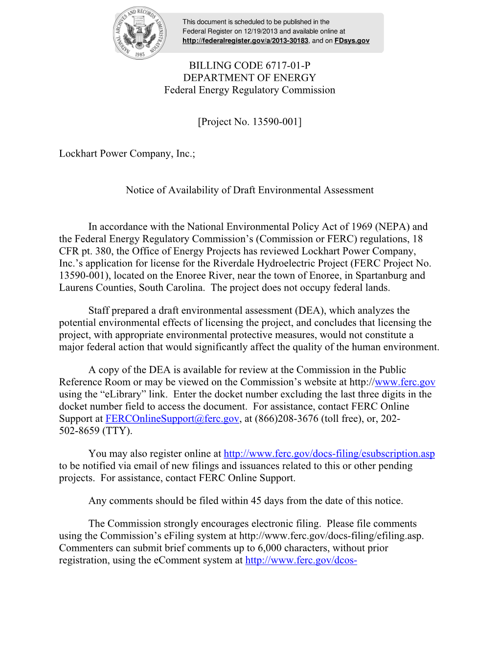 BILLING CODE 6717-01-P DEPARTMENT of ENERGY Federal Energy Regulatory Commission