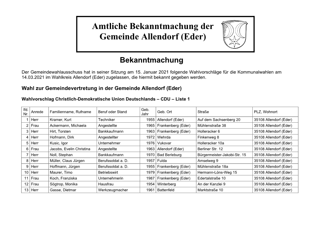 Amtliche Bekanntmachung Der Gemeinde Allendorf (Eder)