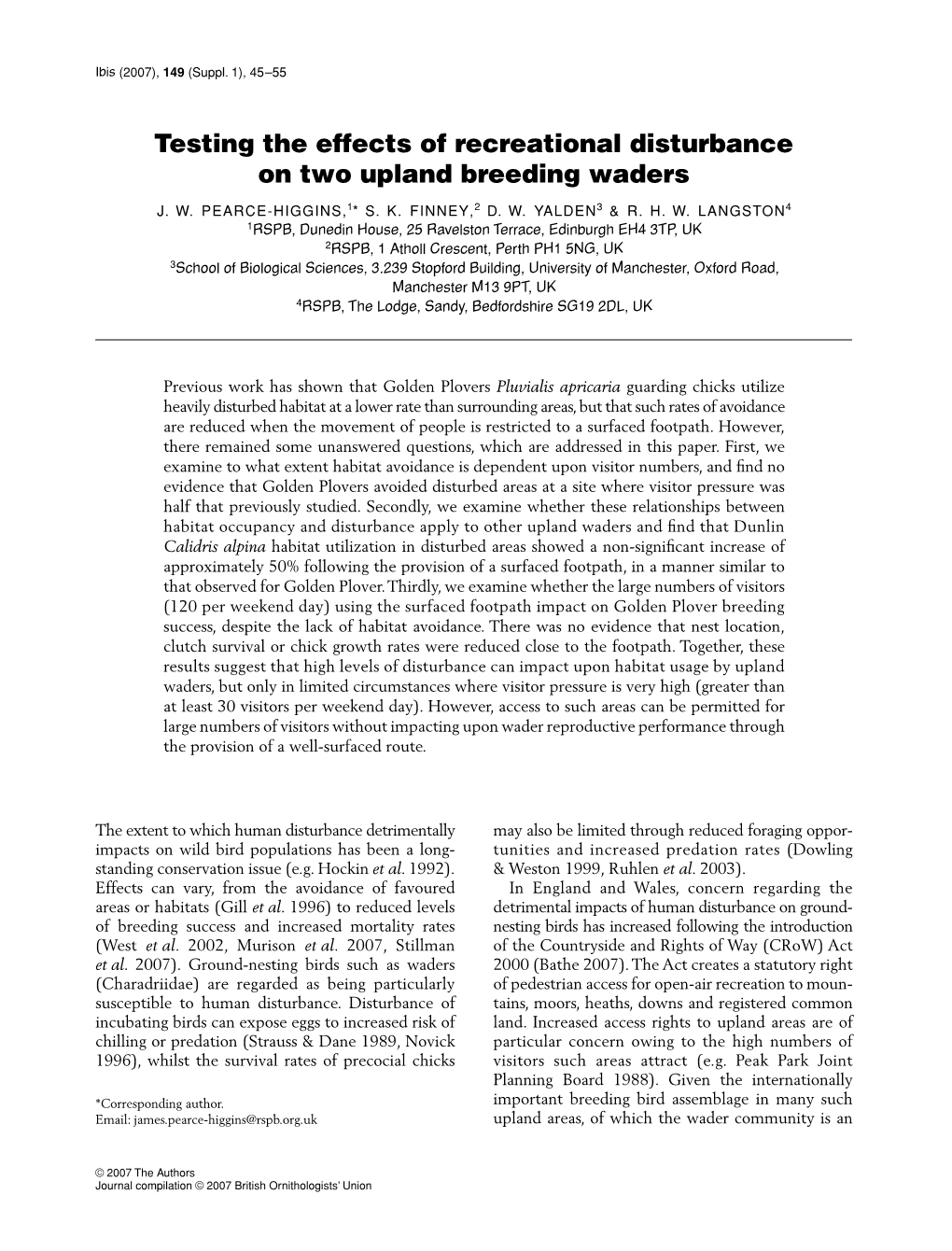Testing the Effects of Recreational Disturbance on Two Upland Breeding Waders