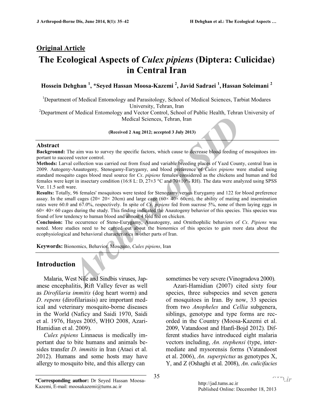 The Ecological Aspects of Culex Pipiens (Diptera: Culicidae) in Central Iran