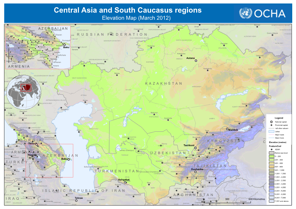 Central Asia and South Caucasus Regions P! Elevation Map (March 2012)