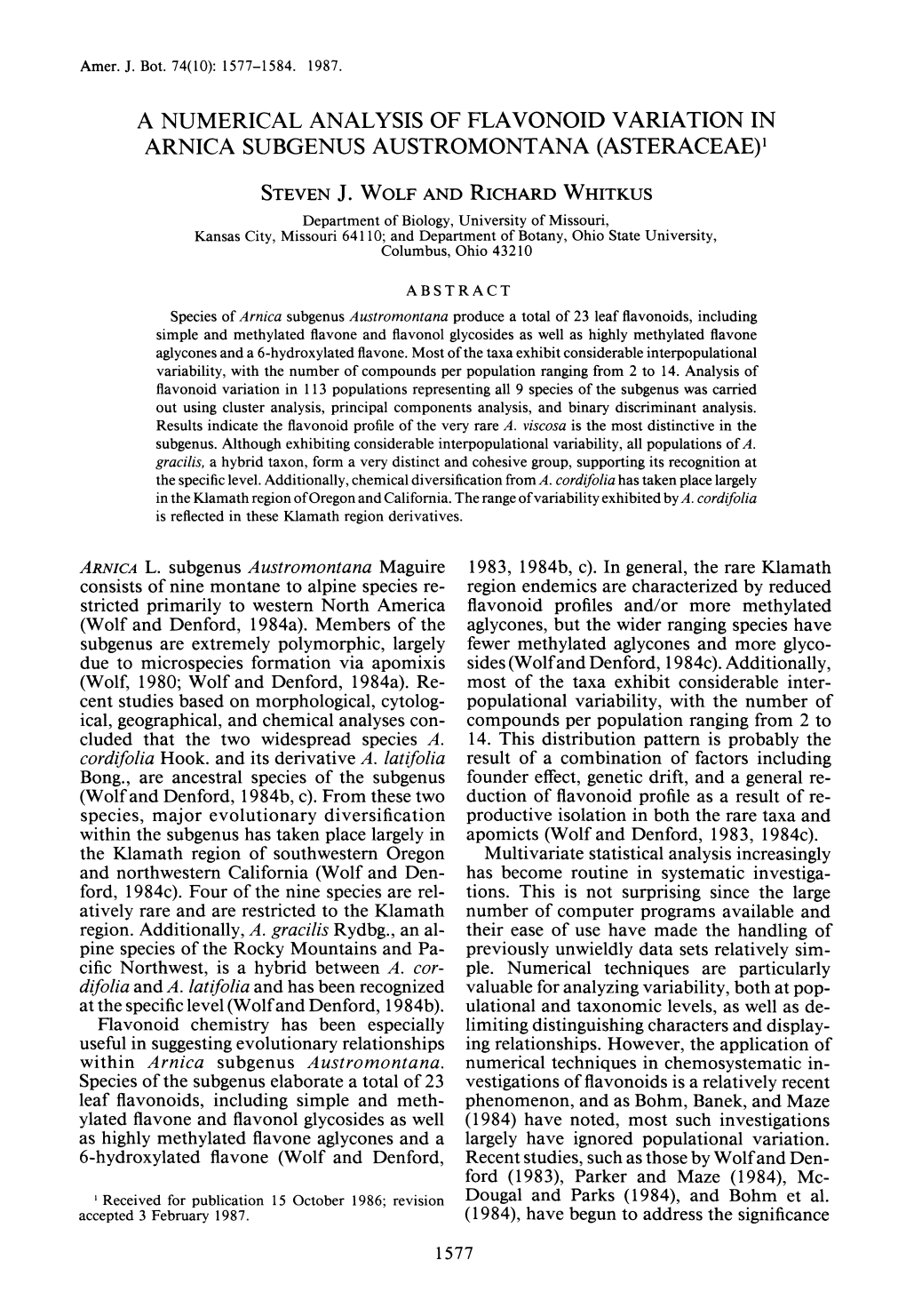 A Numerical Analysis of Flavonoid Variation in Arnica Subgenus Austromontana (Asteraceae)'