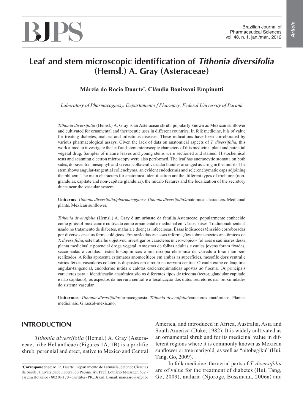 Leaf and Stem Microscopic Identification of Tithonia Diversifolia