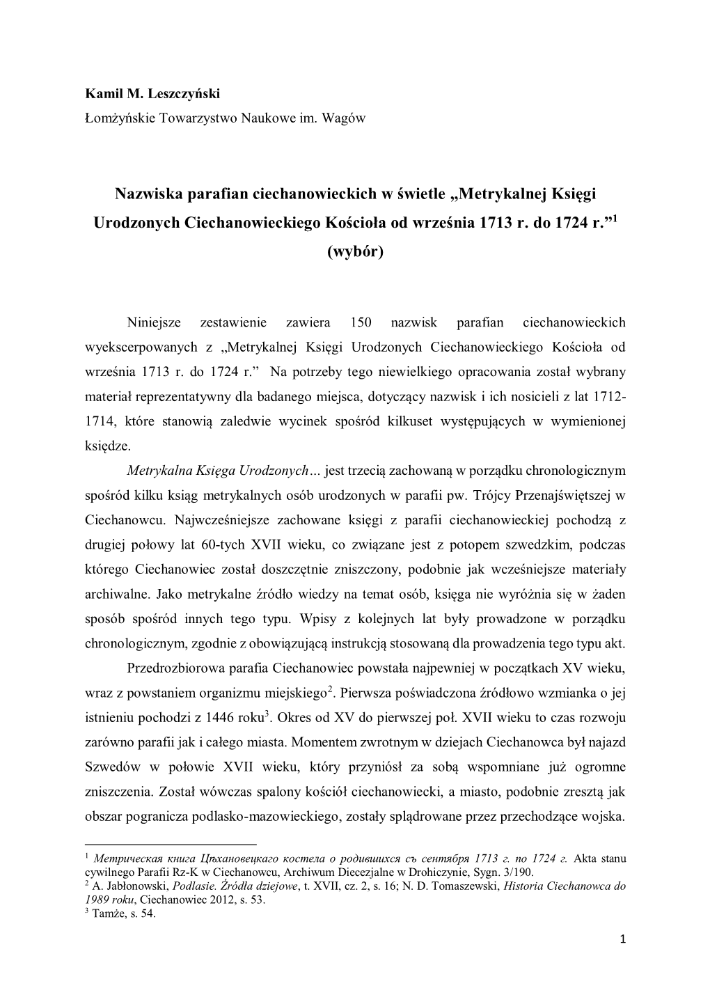 Nazwiska Parafian Ciechanowieckich W Świetle „Metrykalnej Księgi Urodzonych Ciechanowieckiego Kościoła Od Września 1713 R