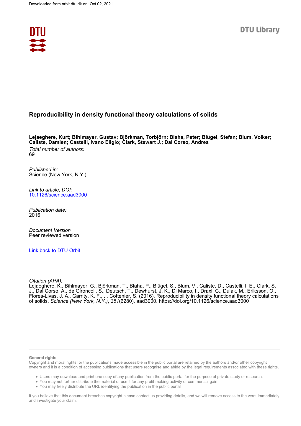 Reproducibility in Density Functional Theory Calculations of Solids