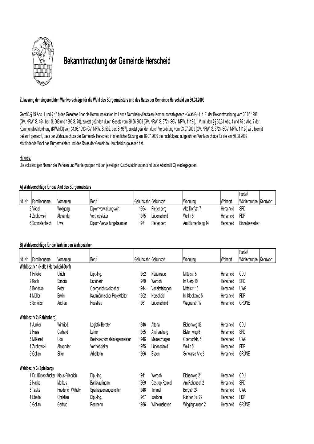 Bekanntmachung Der Gemeinde Herscheid