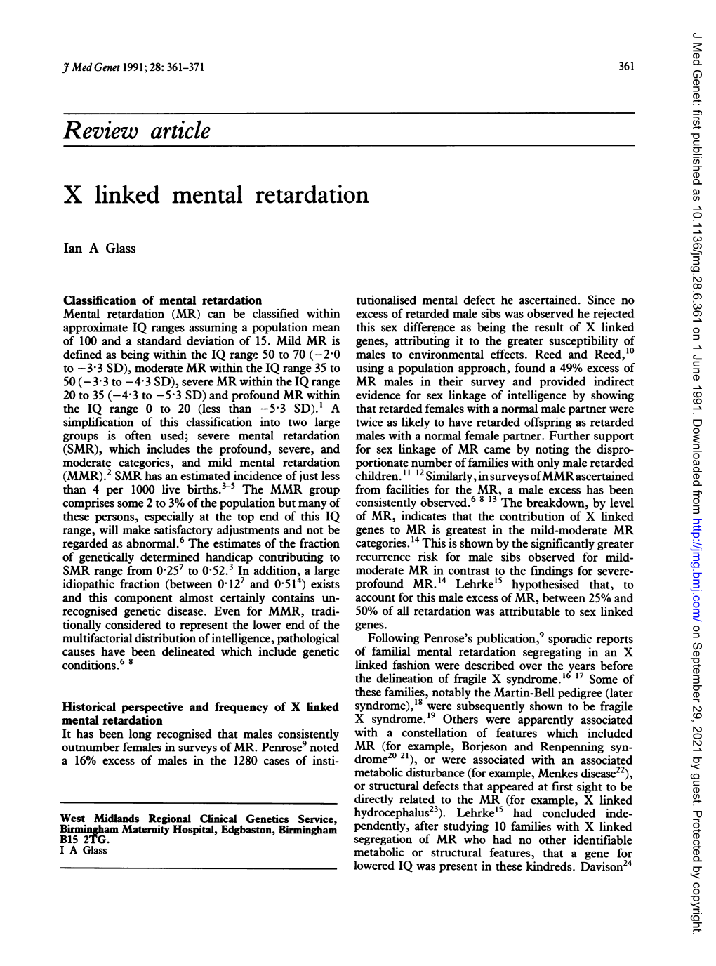 Review Article X Linked Mental Retardation