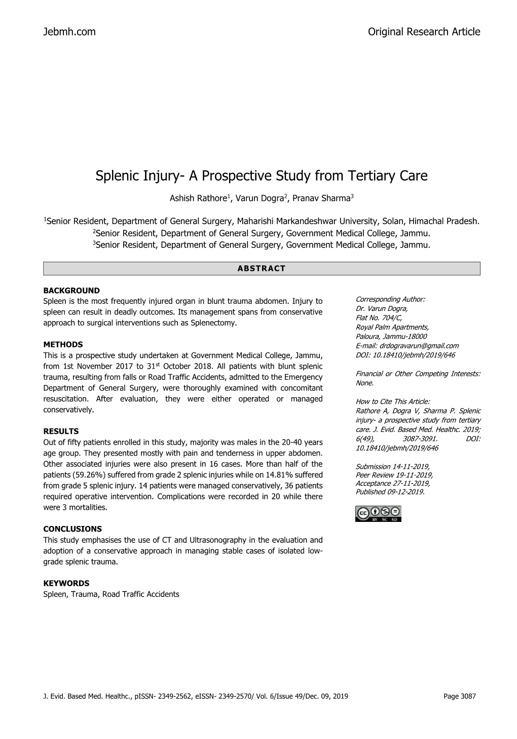 Splenic Injury- a Prospective Study from Tertiary Care