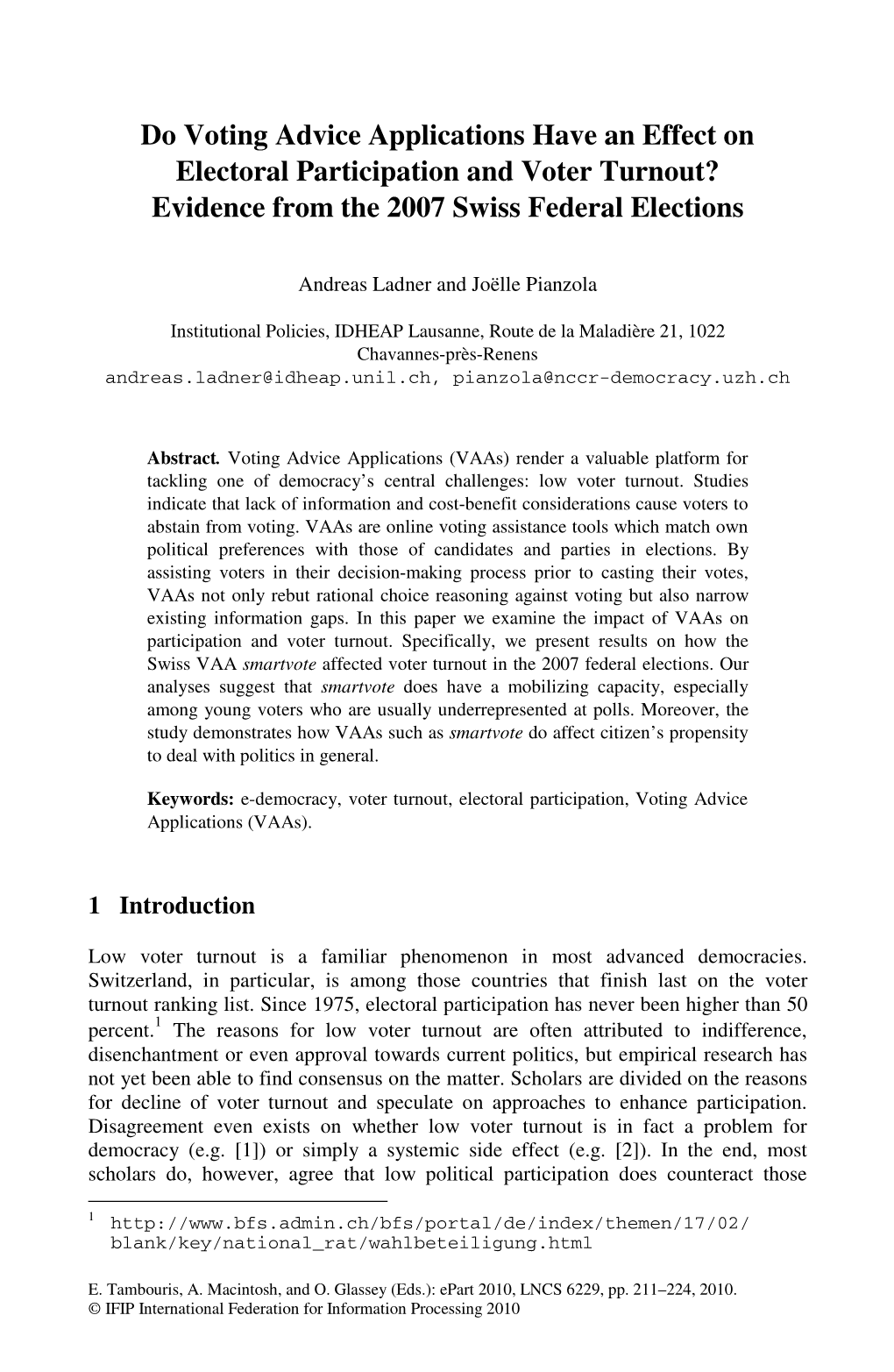 Do Voting Advice Applications Have an Effect on Electoral Participation and Voter Turnout? Evidence from the 2007 Swiss Federal Elections