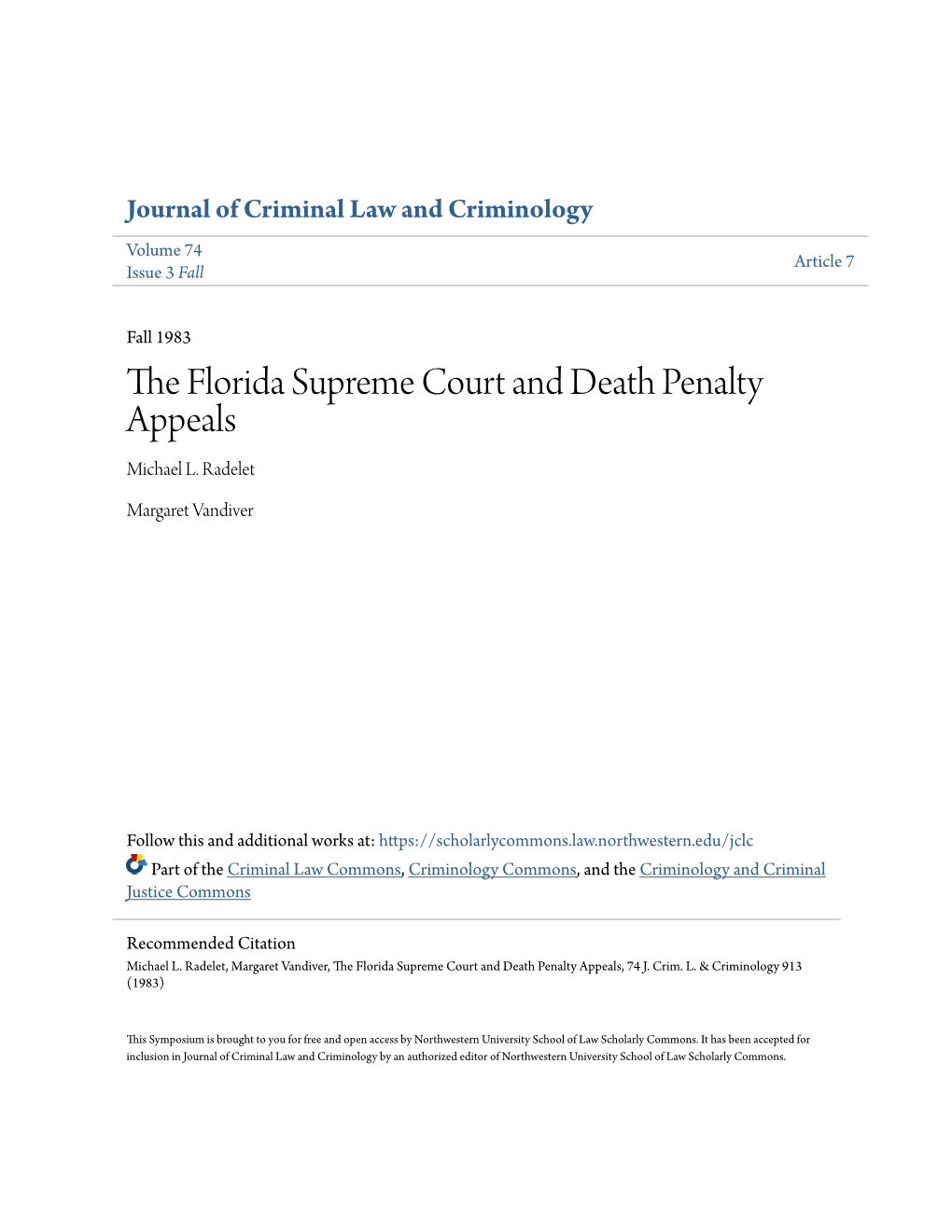 The Florida Supreme Court and Death Penalty Appeals, 74 J