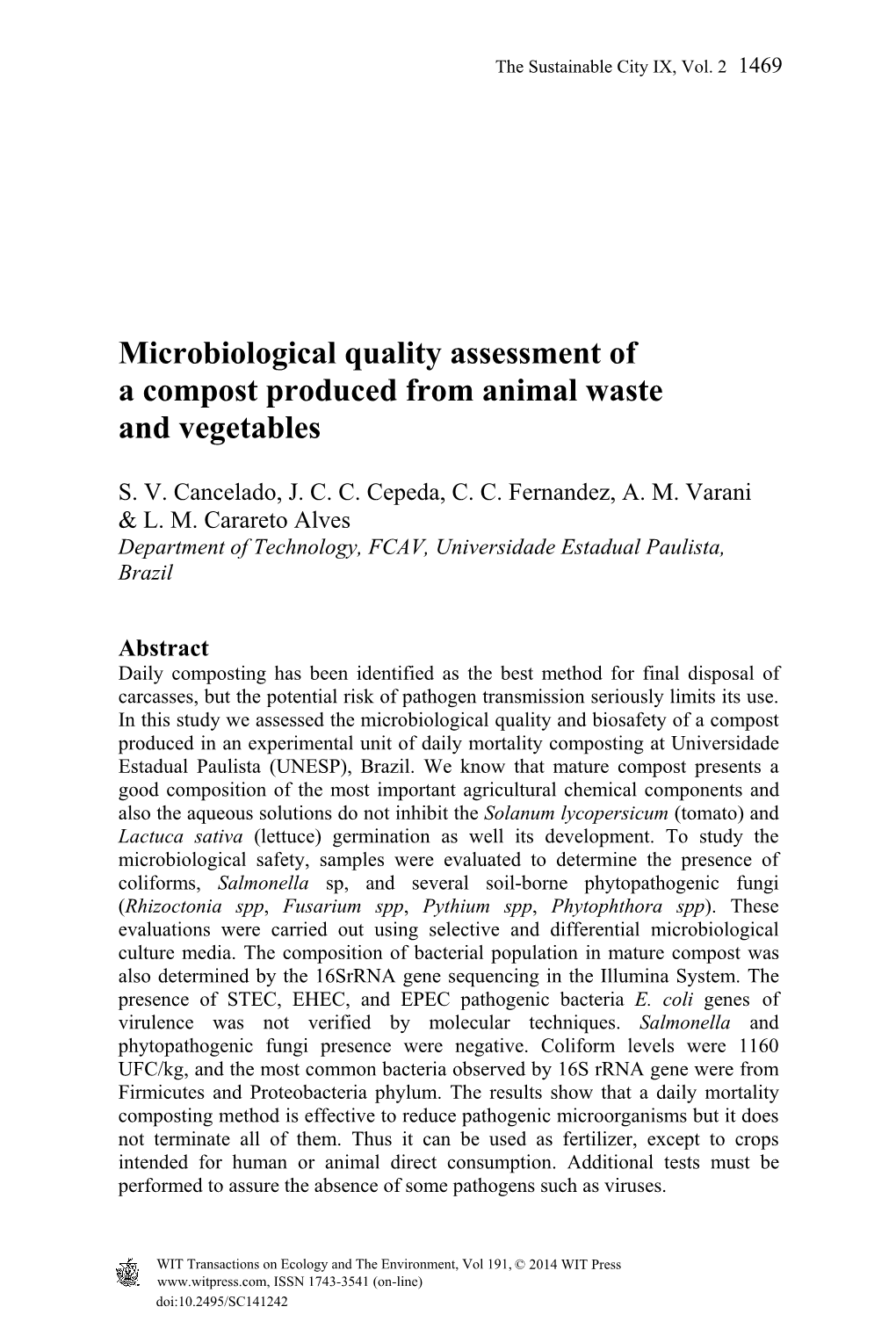 Microbiological Quality Assessment of a Compost Produced from Animal Waste and Vegetables