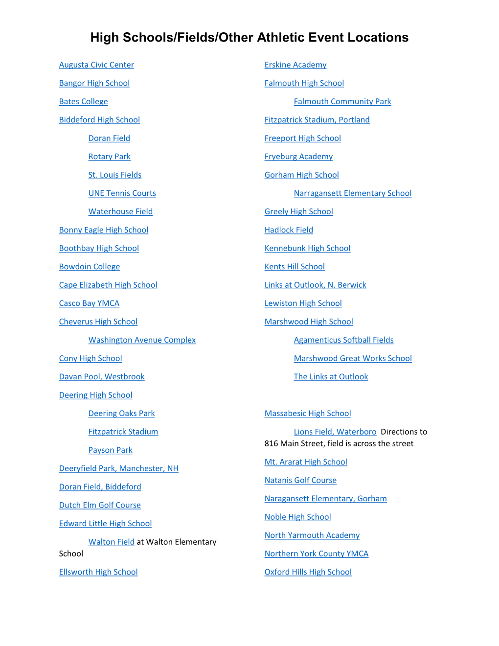 High Schools/Fields/Other Athletic Event Locations