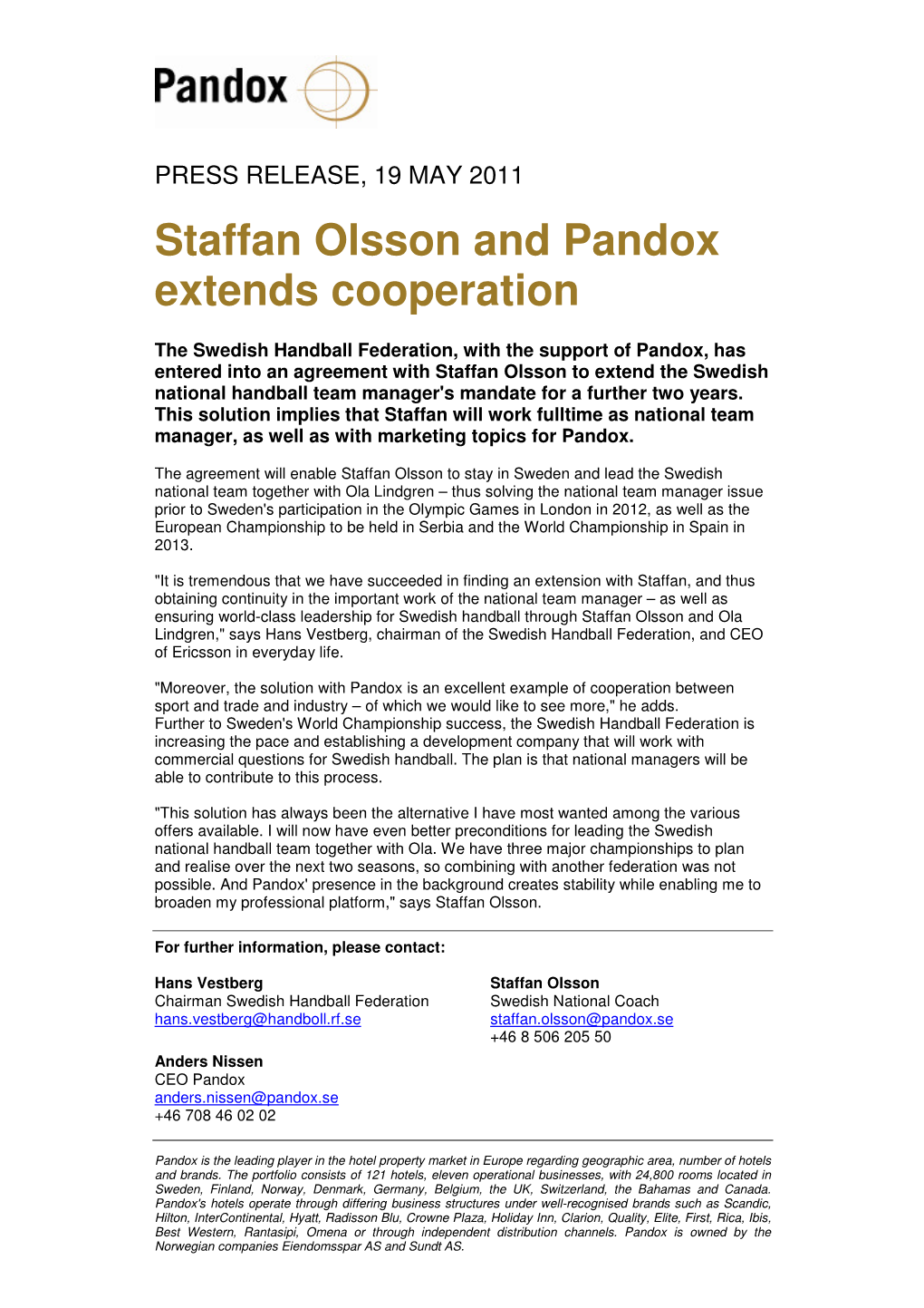 Staffan Olsson and Pandox Extends Cooperation