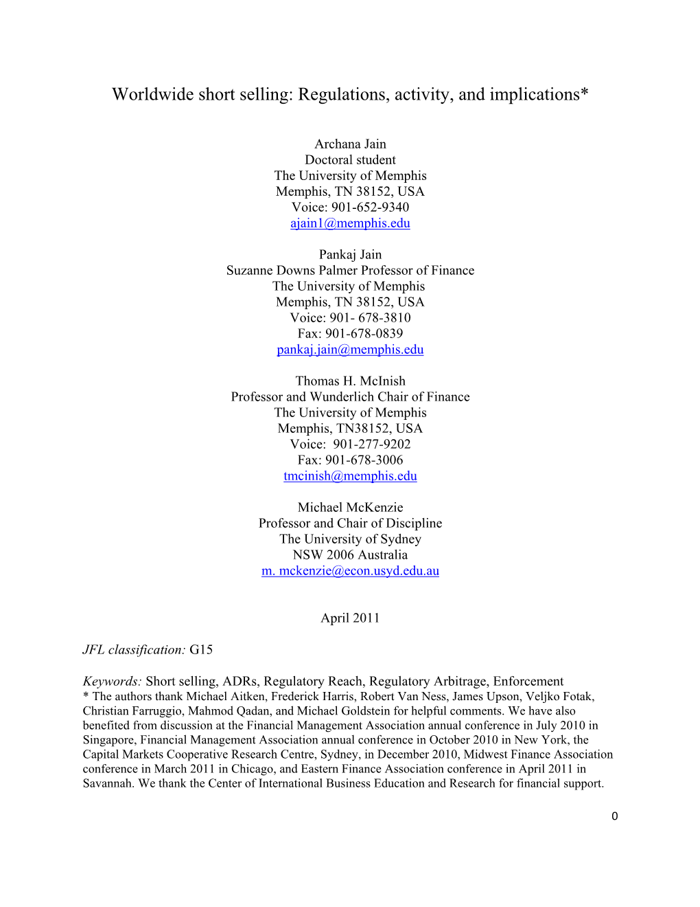 Worldwide Short Selling: Regulations, Activity, and Implications*