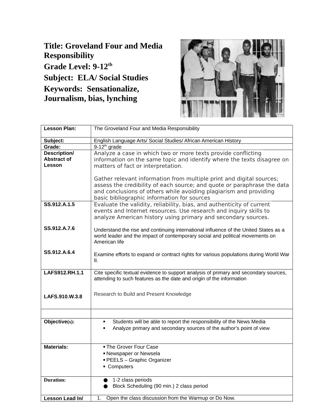 Title: Groveland Four and Media Responsibility Grade Level: 9-12Th Subject: ELA/ Social Studies Keywords: Sensationalize, Journalism, Bias, Lynching