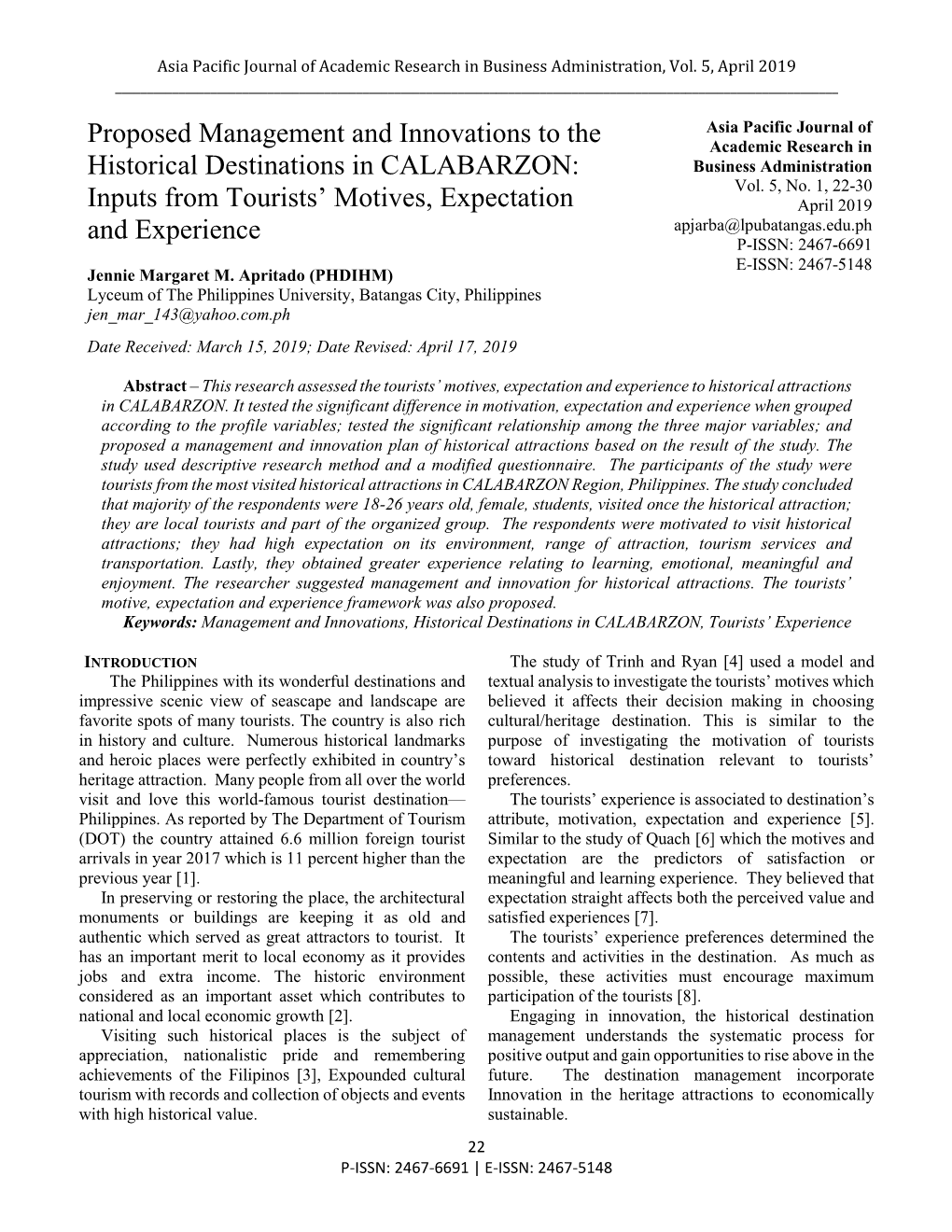 Proposed Management and Innovations to the Historical Destinations in CALABARZON: Inputs from Tourists' Motives, Expectation