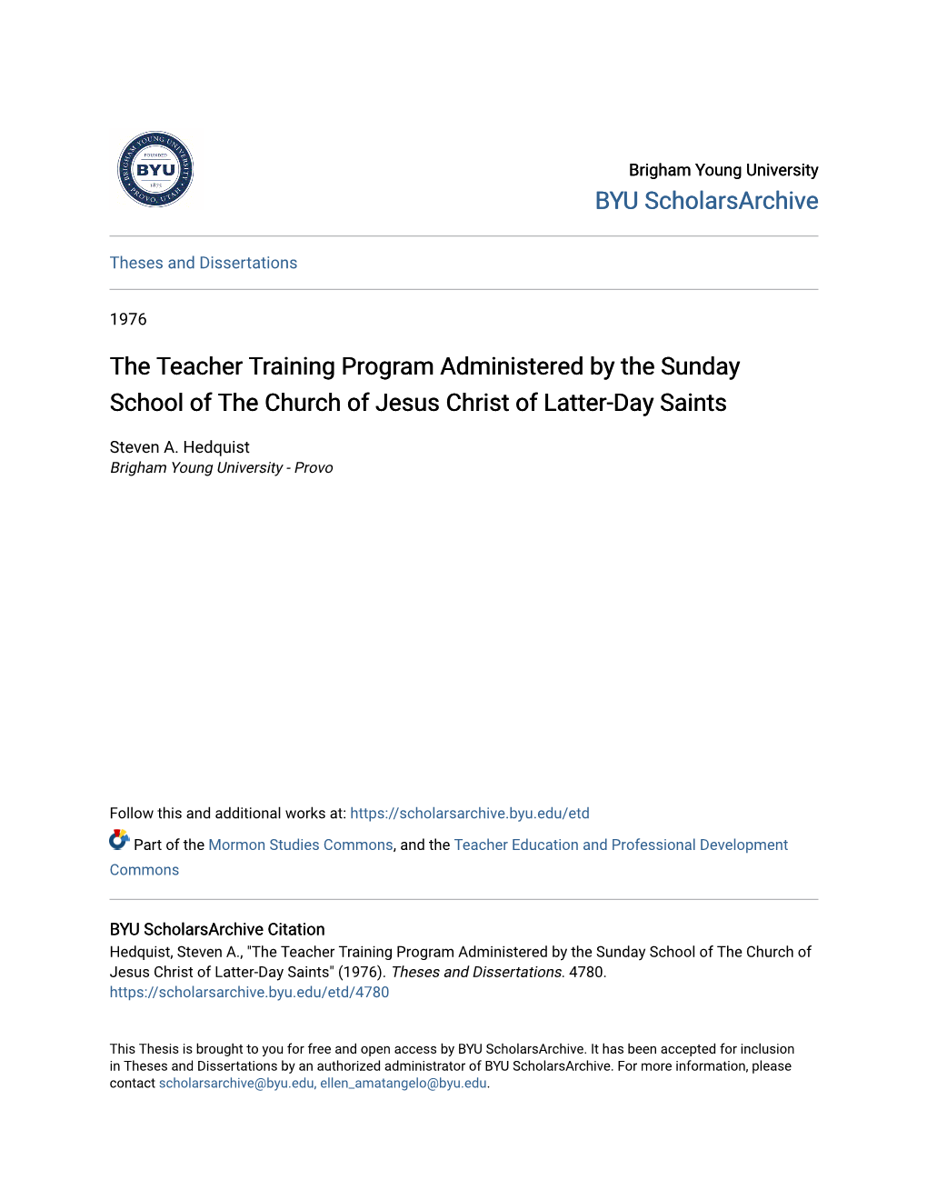 The Teacher Training Program Administered by the Sunday School of the Church of Jesus Christ of Latter-Day Saints