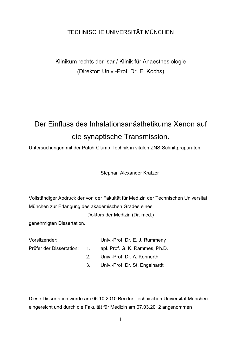 Der Einfluss Des Inhalationsanästhetikums Xenon Auf Die Synaptische Transmission