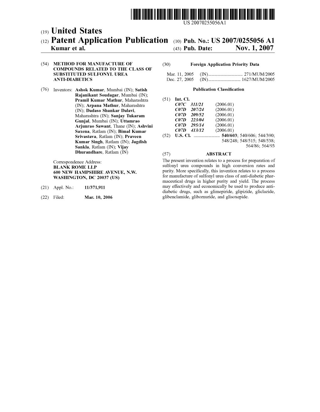 (12) Patent Application Publication (10) Pub. No.: US 2007/0255056A1 Kumar Et Al