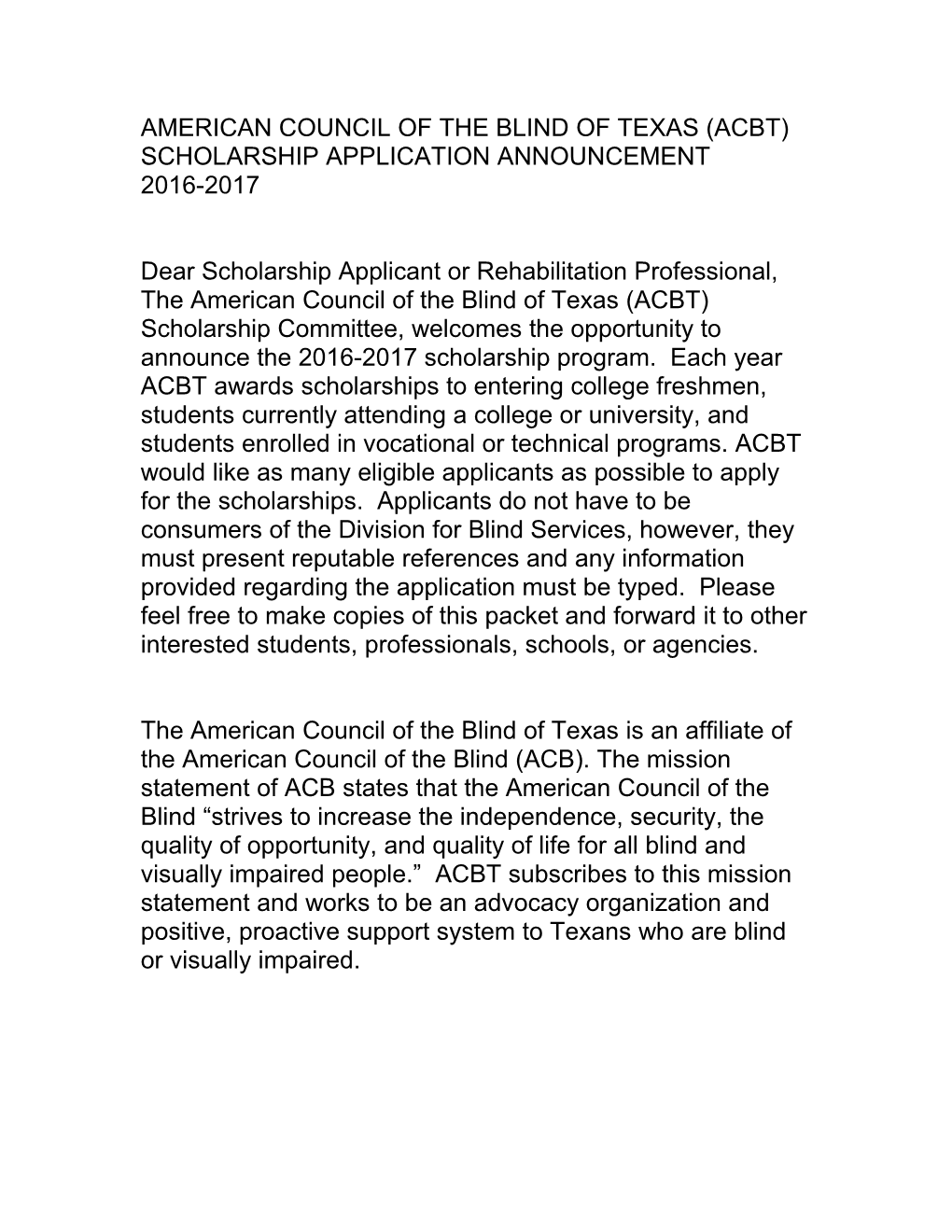 American Council Of The Blind Of Texas (Acbt)