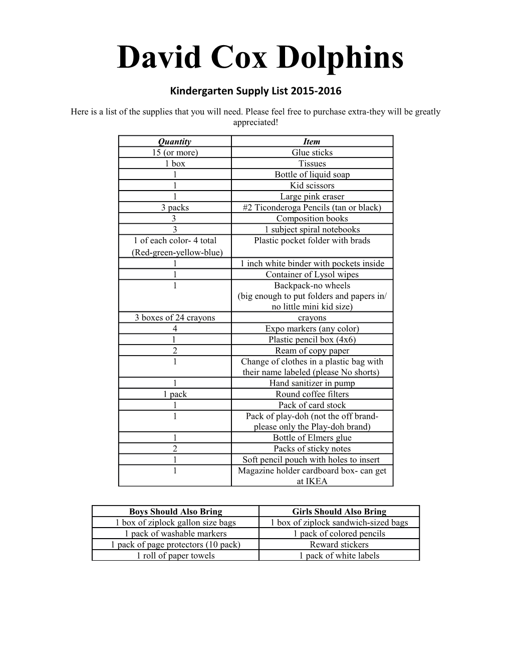 Kindergarten Supply List 2015-2016