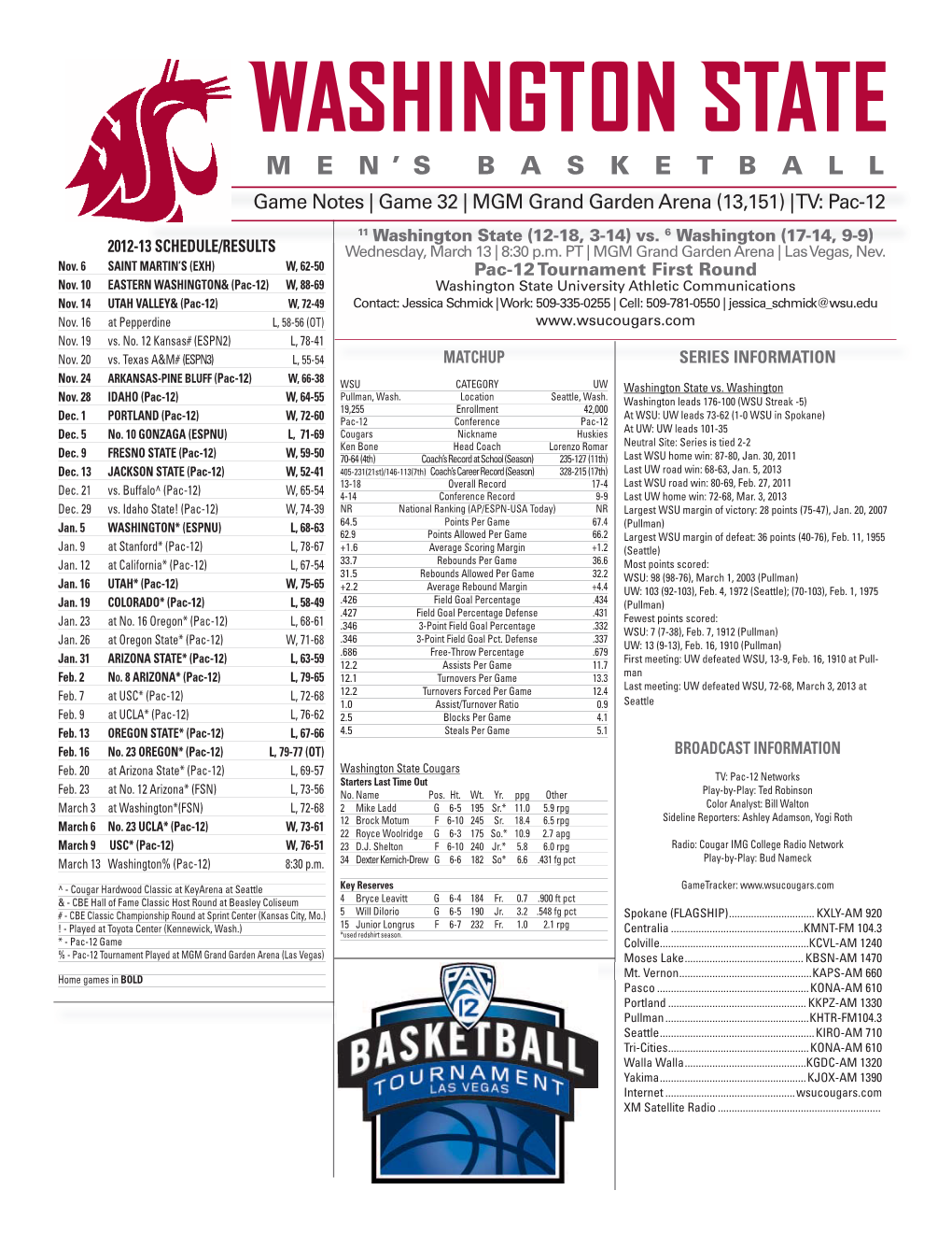 3-13-13 WSU MBB Vs. UW Pac-12 Tourney Game Notes.Indd