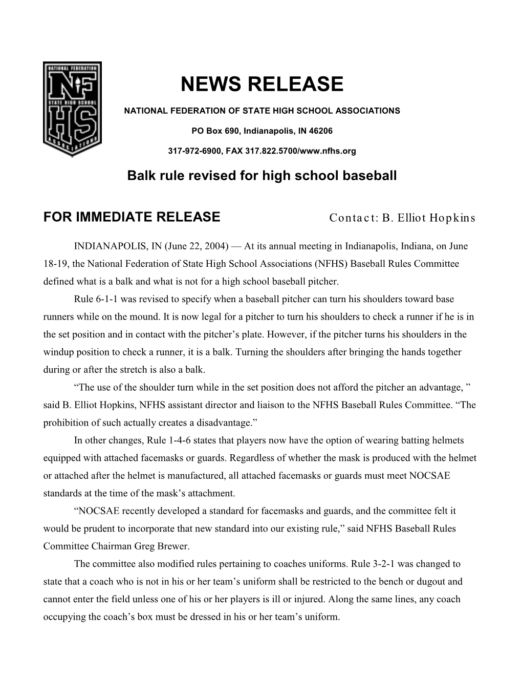 Balk Rule Revised for High School Baseball