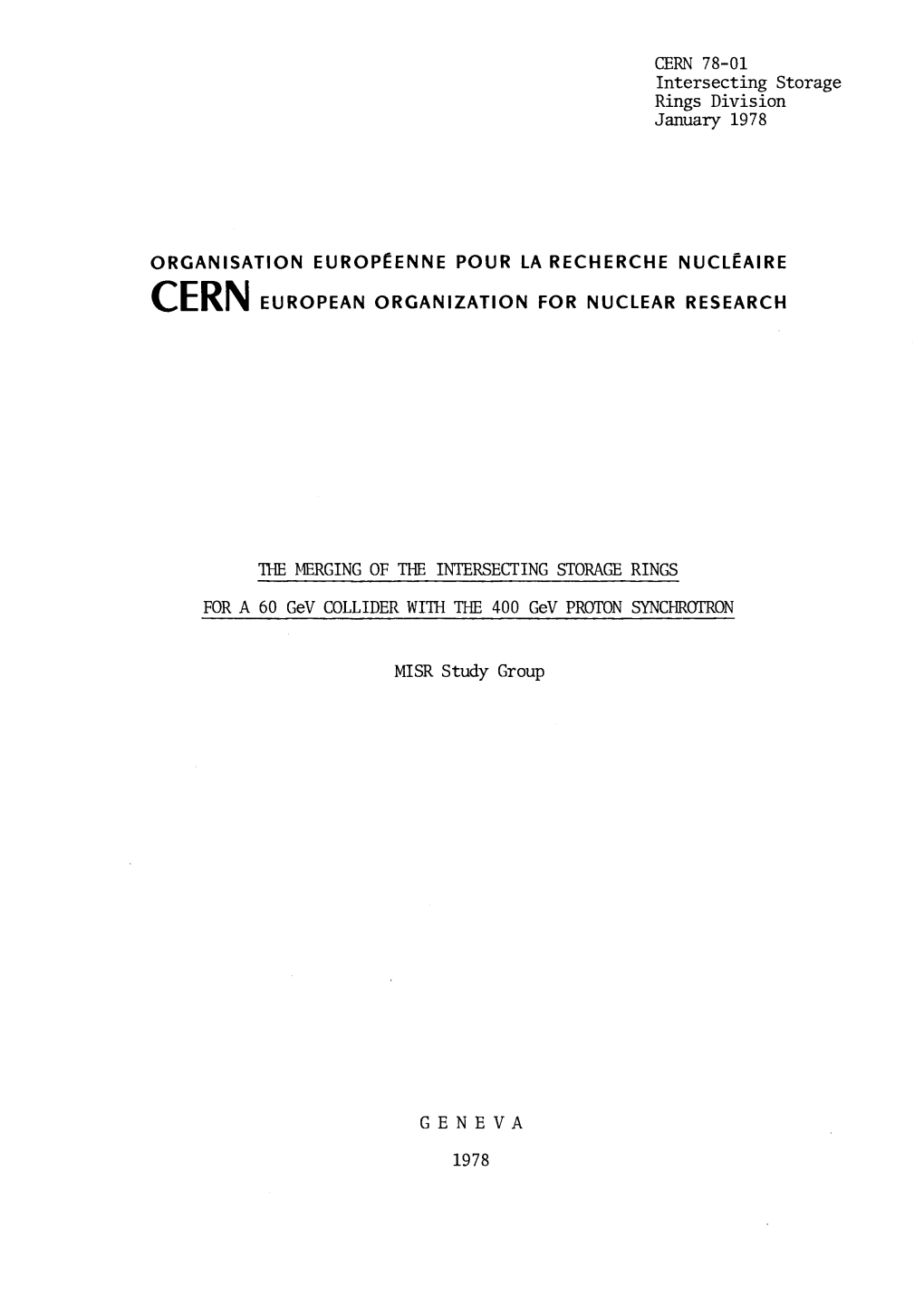 CERN 78-01 Intersecting Storage Rings Division January 1978