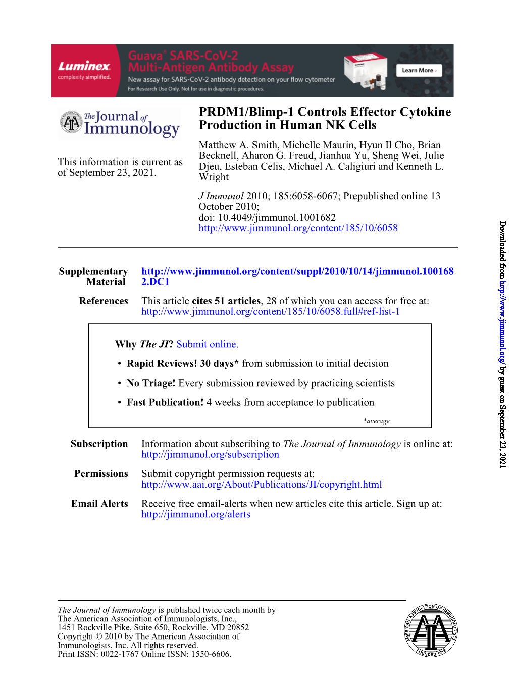 Production in Human NK Cells PRDM1/Blimp-1 Controls Effector