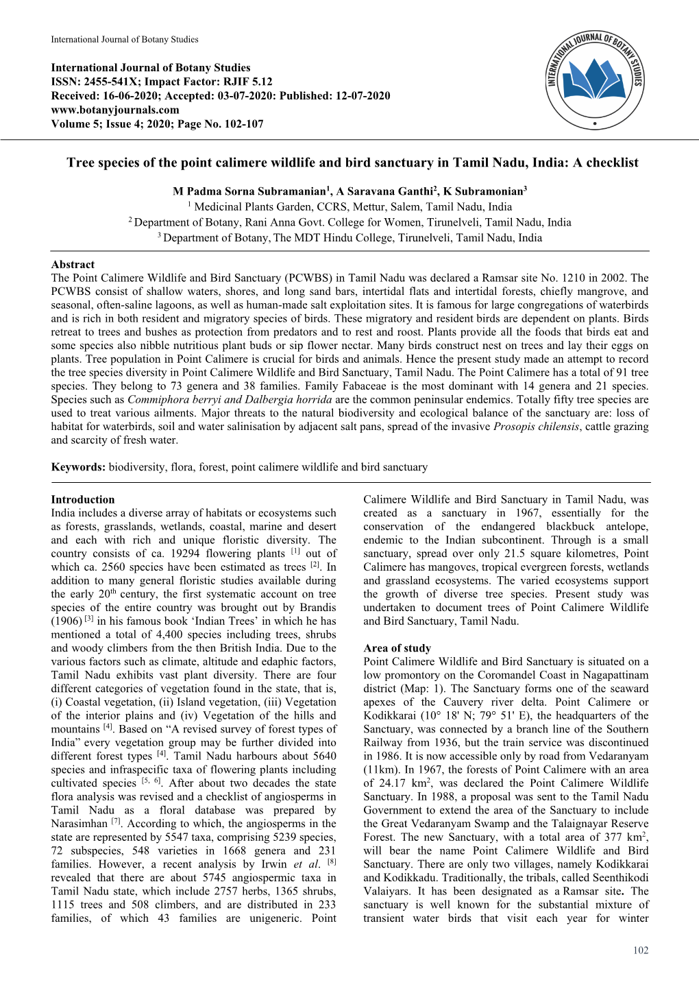 Tree Species of the Point Calimere Wildlife and Bird Sanctuary in Tamil Nadu, India: a Checklist