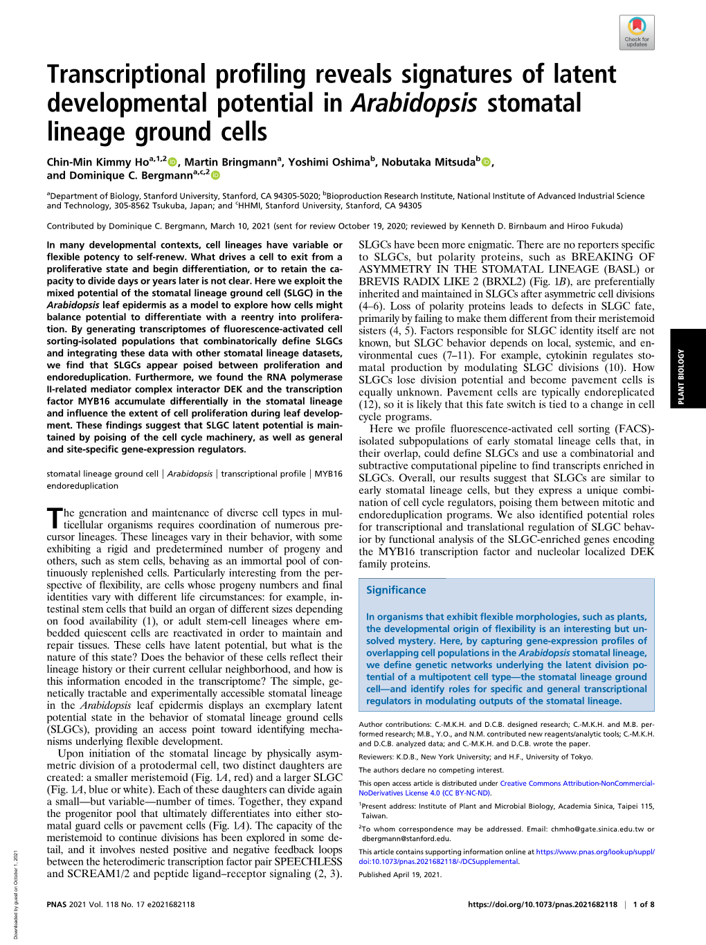 Transcriptional Profiling Reveals Signatures of Latent Developmental Potential in Arabidopsis Stomatal Lineage Ground Cells