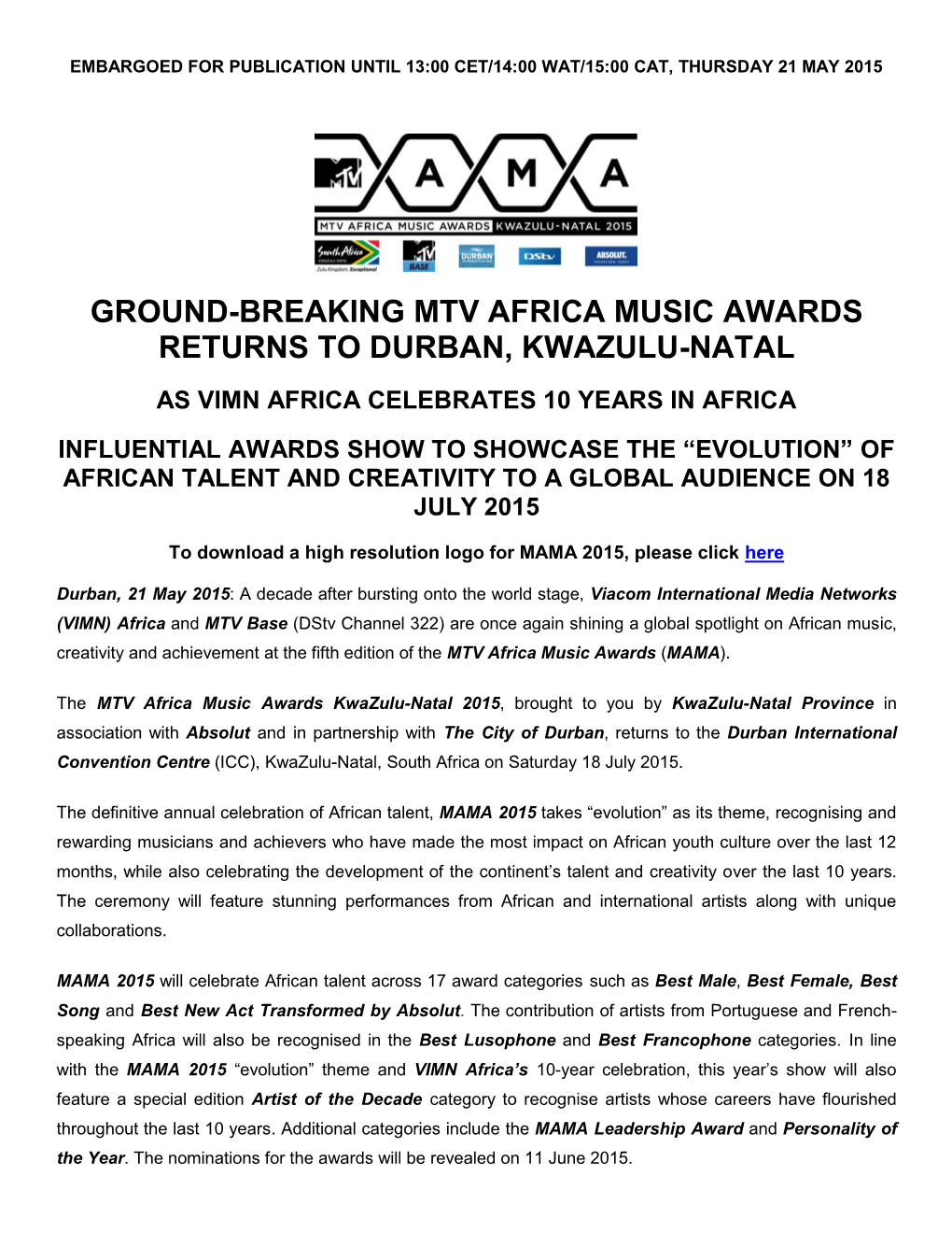 Ground-Breaking Mtv Africa Music Awards Returns to Durban, Kwazulu