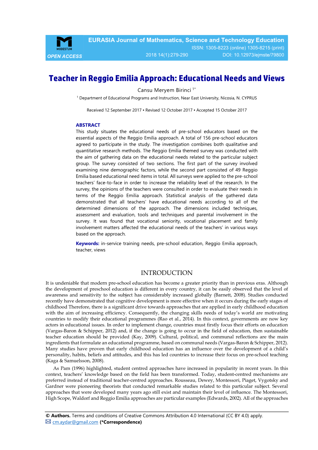 Teacher in Reggio Emilia Approach: Educational Needs and Views
