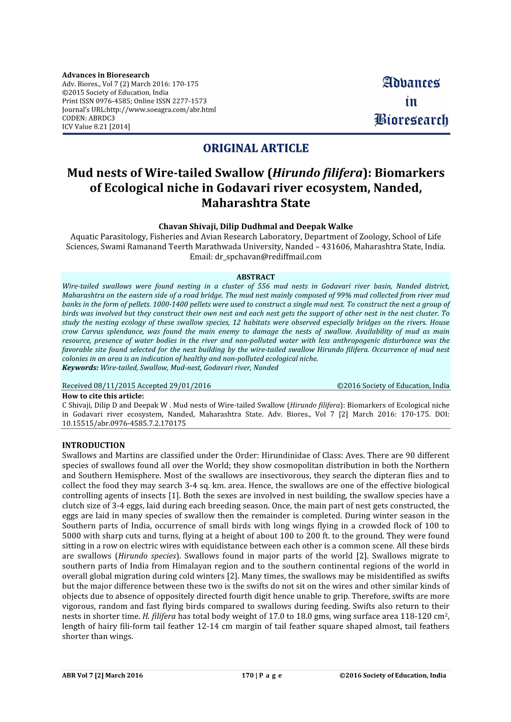 Mud Nests of Wire-Tailed Swallow (Hirundo Filifera): Biomarkers of Ecological Niche in Godavari River Ecosystem, Nanded, Maharashtra State