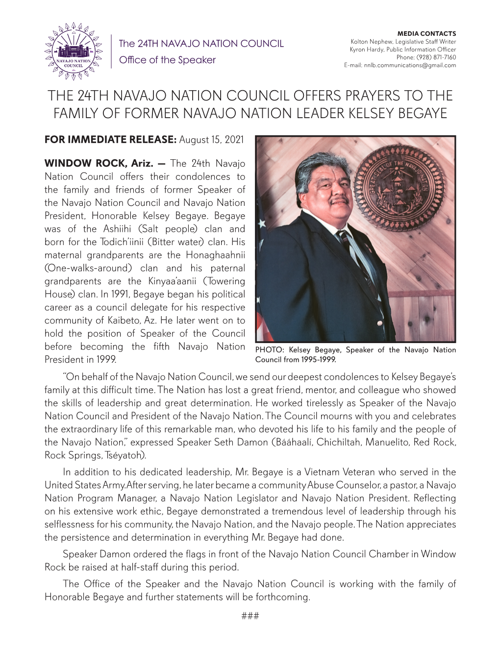 The 24Th Navajo Nation Council Offers Prayers to the Family of Former Navajo Nation Leader Kelsey Begaye