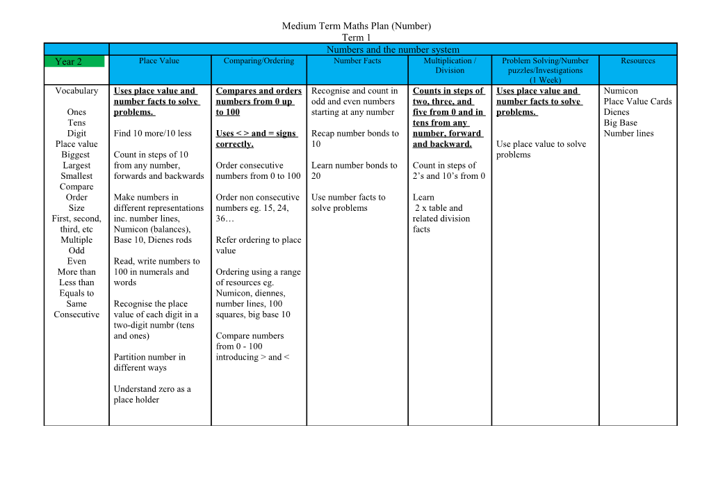 Medium Term Maths Plan (Topic)