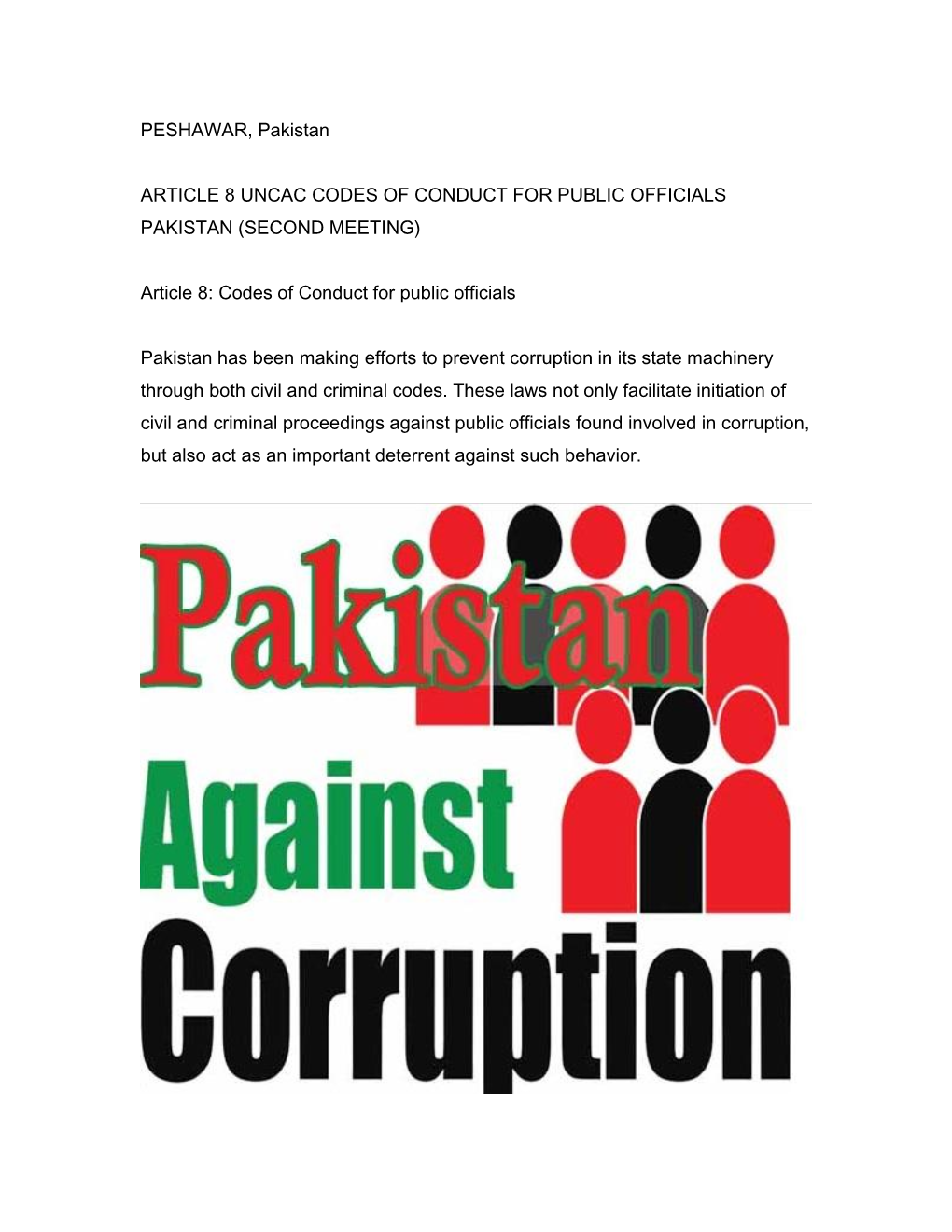 PESHAWAR, Pakistan ARTICLE 8 UNCAC CODES of CONDUCT