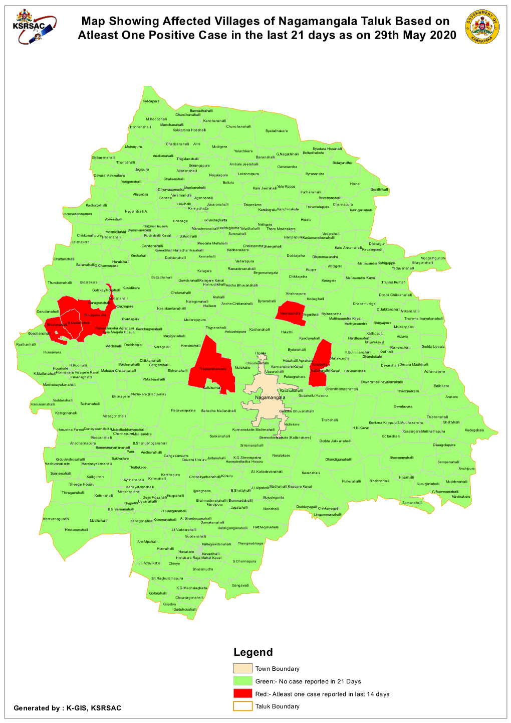 Map Showing Affected Villages of Nagamangala Taluk Based on Atleast One Positive Case in the Last 21 Days As on 29Th May 2020