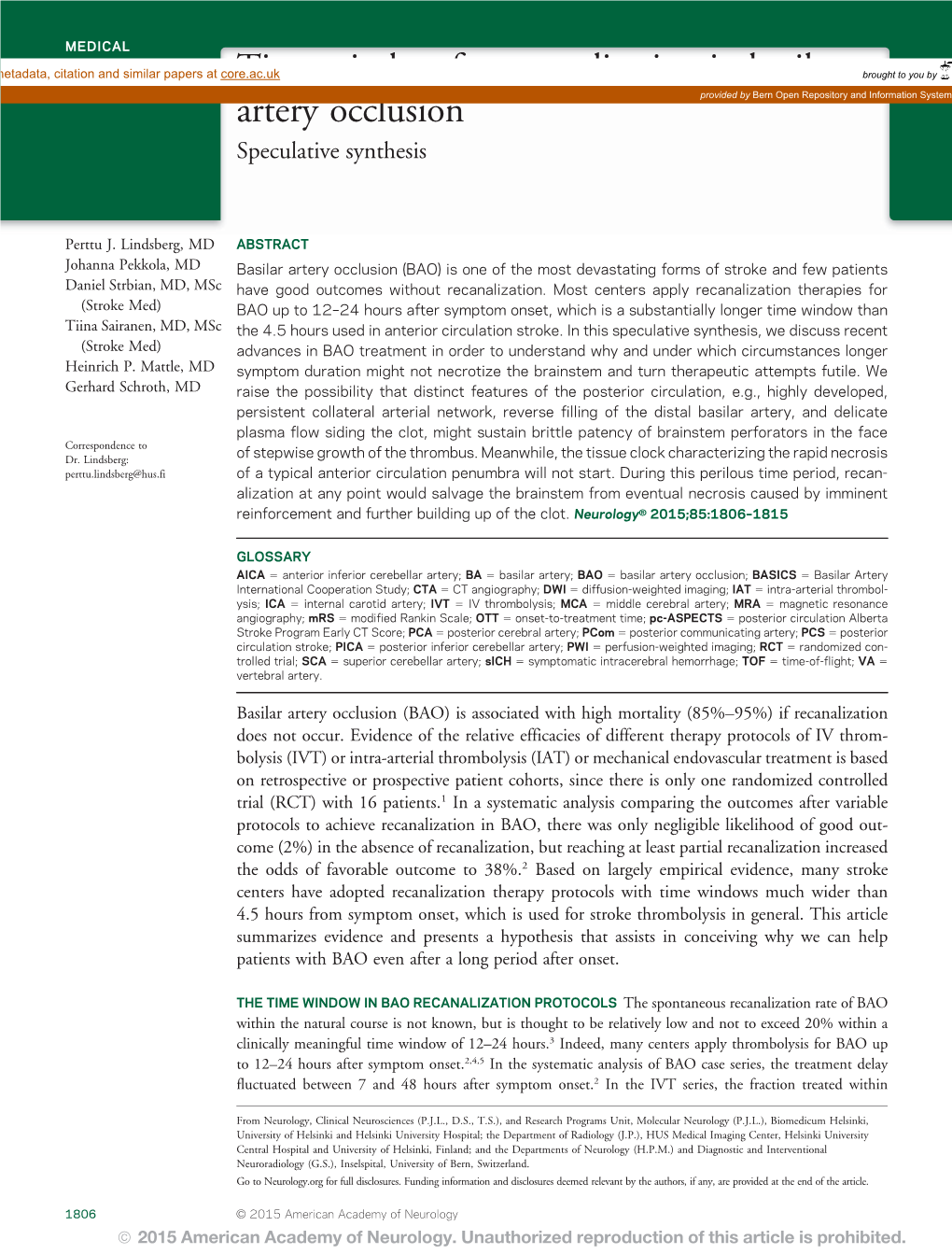 Time Window for Recanalization in Basilar Artery Occlusion: Speculative Synthesis Perttu J