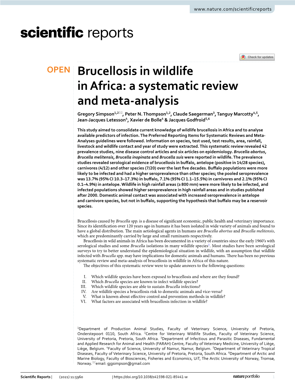 Brucellosis in Wildlife in Africa: a Systematic Review and Meta‑Analysis Gregory Simpson1,2*, Peter N