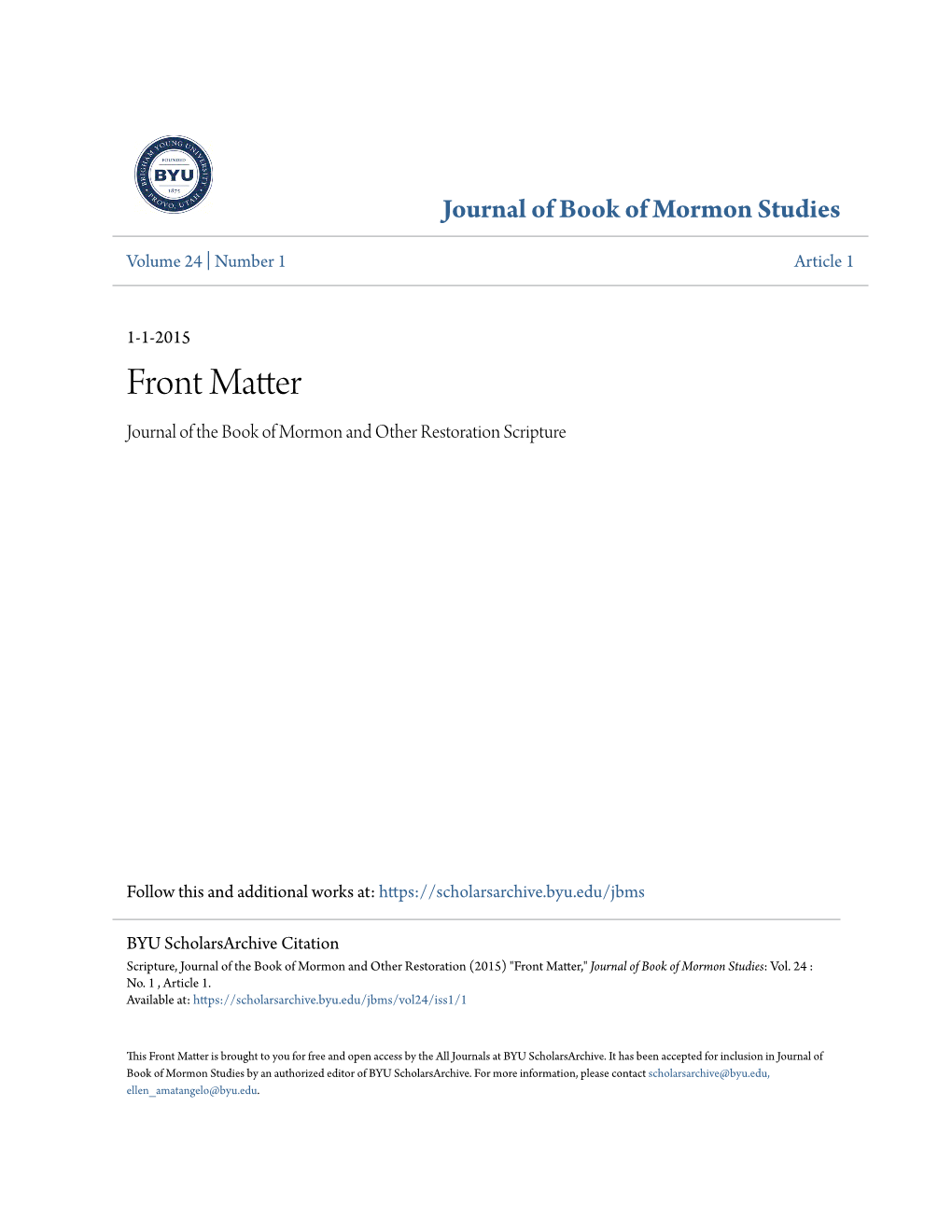 Front Matter Journal of the Book of Mormon and Other Restoration Scripture